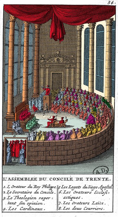 ट्रेंट की परिषद की सभा (1545 - 1563), उत्कीर्णन 1706। द्वारा अज्ञात कलाकार