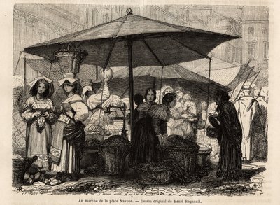 पियाज़ा नवोना, रोम (इटली) के पैर में। 1864-1868 में फ्रांसिस वे द्वारा रोम की यात्रा को चित्रित करने के लिए उत्कीर्णन, एडौर्ड चार्टन के निर्देशन में "ले टूर डू मोंडे, नोव्यू जर्नल डेस वॉयेज" में प्रकाशित हुआ। द्वारा अज्ञात कलाकार