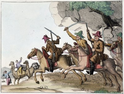 किर्गिज़ (मंगोलियाई मूल के मध्य एशियाई तुर्की लोग) के एक समूह द्वारा ऊंट कारवां का हमला, देब। 19 वी सदी द्वारा अज्ञात कलाकार