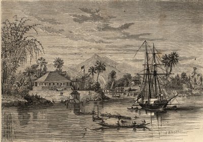 बंगला, सर जेम्स ब्रुक का घर, जिसे सरवाक के राजा (1803-1868) के रूप में जाना जाता है, ब्रिटिश साहसी सरवाक (बोर्नियो) के आसपास के क्षेत्र में सरवाक का पहला सफेद राजा था। 1857 से "ले मोंडे शानदार" में उत्कीर्णन। निजी संग्रह। द्वारा अज्ञात कलाकार