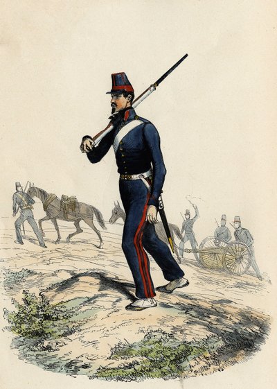1830 में अल्जीरिया में फ्रांसीसी सेना की माउंटेन आर्टिलरी बटालियन, "ओल्ड एंड मॉडर्न अल्जीरिया" में लियोन गैलिबर्ट द्वारा द्वारा अज्ञात कलाकार