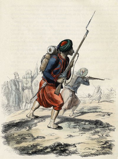 1830 में जनरल क्लॉसेल द्वारा अल्जीरिया के लिए एटलस के अभियान के लिए फ्रांसीसी आर्मी के ज़ौवेस की बटालियन, लियोन गैलिबर्ट द्वारा "" L'Algerie ancienne et Moderne"" में बनाई गई थी। द्वारा अज्ञात कलाकार