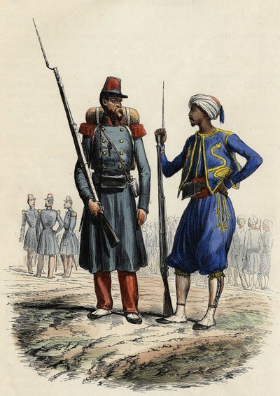 विदेशी सेना की बटालियन, 1831 में गठित और अल्जीरिया भेजी गई; स्वदेशी Tirailleurs की बटालियन, 1841 में गठित और अल्जीरिया भेजी गई, लियोन गैलिबर्ट द्वारा "" L'Algerie ancienne et Moderne" में द्वारा अज्ञात कलाकार