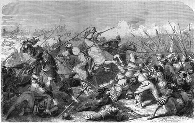 रवेना (इटली) की लड़ाई, 11 अप्रैल 1512 को फॉइक्स ड्यूक ऑफ नेमोर्स (1489-1512) के गैस्टन की मृत्यु। 19वीं शताब्दी की नक्काशी। द्वारा अज्ञात कलाकार