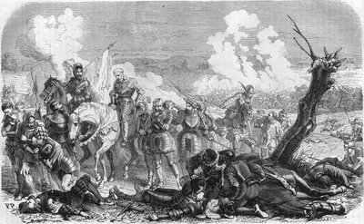 1557 में सेंट क्वेंटिन की लड़ाई, लंबे युद्ध का एक प्रकरण जो फ्रांस और स्पेन के साम्राज्य का विरोध करता है। 19वीं सदी का गावूर। द्वारा अज्ञात कलाकार