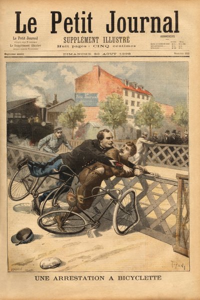 Champigny के पास साइकिल गिरफ्तारी। "" ले पेटिट जर्नल "" 30/08/1896 में उत्कीर्णन। सेल्वा का संग्रह। द्वारा अज्ञात कलाकार