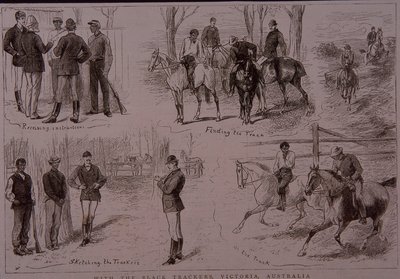 1881 में विक्टोरिया, ऑस्ट्रेलिया में बुशरेंजर्स के निशान पर ब्लैक ट्रैकर्स (उत्कीर्णन) द्वारा अज्ञात कलाकार