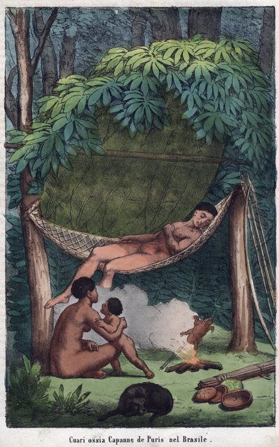 Cabane des Puris au ब्राजील - ब्राजील में एक पुरी केबिन का दृश्य - ब्रह्मांड के सभी लोगों के रीति-रिवाजों और परंपराओं से उत्कीर्णन। वह सरकार का इतिहास है, कानूनों का, मिलिशिया का, सभी राष्ट्रों के धर्म का सबसे दूरस्थ समय से लेकर दिनों तक द्वारा अज्ञात कलाकार