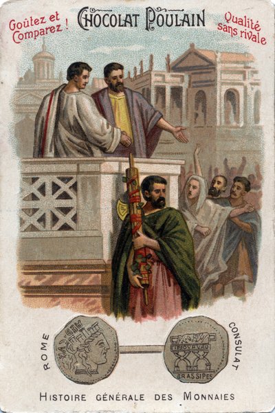 Caius Licinius Calvus Stolon वाणिज्य दूतावास तक पहुंच प्राप्त करके Plebeians के राजनीतिक सत्ता में प्रवेश में योगदान देता है। सिक्कों के सामान्य इतिहास में। 19वीं सदी के अंत की चॉकलेट-फ़ॉल्स क्रोमोलिथोग्राफी। निजि संग्रह। द्वारा अज्ञात कलाकार