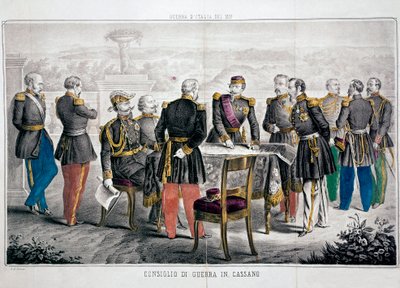 इटली का अभियान 1859: कैसानो की युद्ध परिषद जो विटोरियो इमानुएल II (विक्टर-इमैनुएल या विक्टर इमैनुएल) और सम्राट नेपोलियन III की बैठक देखती है। निजी संग्रह द्वारा अज्ञात कलाकार