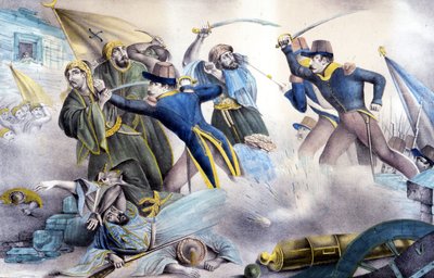 1837 में मार्शल वेली द्वारा अल्जीरिया में कॉन्सटेंटाइन पर कब्जा। 19वीं सदी का रंगीन लिथोग्राफ। द्वारा अज्ञात कलाकार