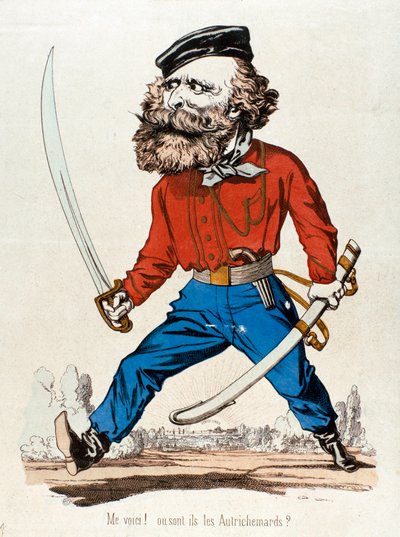 ग्यूसेप गैरीबाल्डी (1807-1882), इतालवी देशभक्त और रिसोर्गिमेंटो के नायकों को चित्रित करने वाला कार्टून, "" मुझे आवाज देता है! ऑउ सोंट लेस ऑस्ट्रिहेमर्ड्स""" 19वीं सदी के निजी संग्रह की नक्काशी - ग्यूसेप गैरीबाल्डी (1807-1882), इताल द्वारा अज्ञात कलाकार