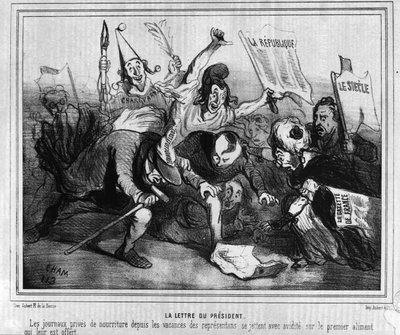समाचार पत्रों की लड़ाई के साथ 10 दिसंबर 1848 के पहले राष्ट्रपति चुनाव के चुनाव अभियान पर कार्टून। द्वारा अज्ञात कलाकार