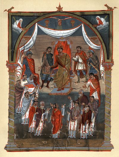 चार्ल्स द्वितीय बाल्ड (823 - 877), फ्रांस के राजा टूर्स से भिक्षुओं का एक प्रतिनिधिमंडल प्राप्त करते हुए बीएन डे पेरिस में संरक्षित दसवीं शताब्दी के लघुचित्र के बाद 19वीं शताब्दी के क्रोमोलिथोग्राफी में प्रतिकृति। द्वारा अज्ञात कलाकार