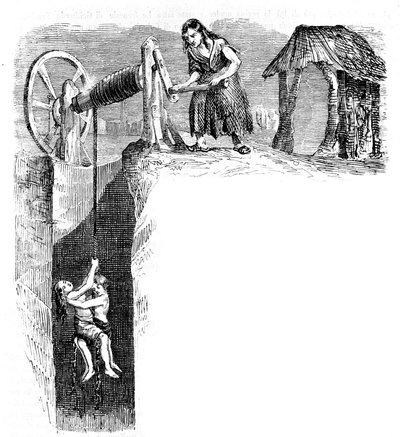 1840 के आसपास इंग्लैंड में कोयले की खदान में बच्चों का उतरना। द्वारा अज्ञात कलाकार
