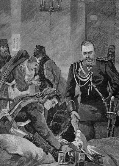 1892 में रूस में हैजा: रूस के सम्राट अलेक्जेंडर III और उनकी पत्नी मारिया फेडोरोवना, रूस के सम्राट एक अस्पताल का दौरा करते हैं। 1892 से उत्कीर्णन। द्वारा अज्ञात कलाकार