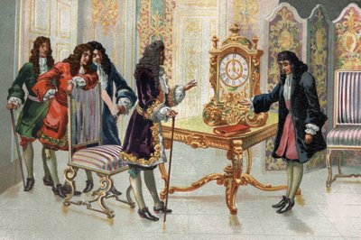 क्रिस्टियान ह्यूजेंस (1629-1695), डच गणितज्ञ और खगोलशास्त्री, लुई XIV को अपनी घड़ी प्रस्तुत करते हुए। द्वारा अज्ञात कलाकार