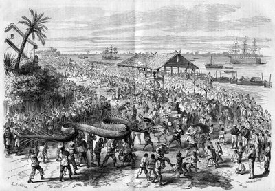 कोचीनिन: 1865 में साइगॉन की मण्डली द्वारा आयोजित वार्षिक ड्रैगन जुलूस। द्वारा अज्ञात कलाकार