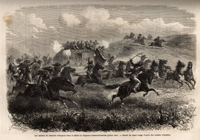 जुलाई १८६७ में कोलोराडो इंडियंस ने रेगिस्तान में अंतरमहाद्वीपीय परिश्रम पर हमला किया। १८६७ में एमएल सिमोनिन द्वारा चित्रण के लिए उत्कीर्णन ले यात्रा औ दूर पश्चिम अमेरिका, एडौर्ड चार्ट द्वारा संपादित "ले टूर डु मोंडे, नोव्यू जर्नल डेस वॉयेज" में प द्वारा अज्ञात कलाकार