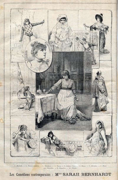 मैकबेथ में कॉमेडियन सारा बर्नहार्ट (1844-1923) - पिय्रोट हत्यारा - थियोडोरा - टोस्का - जोन ऑफ आर्क - टोस्का - हर्नाम - लेडी ऑफ द कैमेलियस - क्लियोपेट्रा - फेड्रोन - 1895 की "शानदार प्रगति" में उत्कीर्णन द्वारा अज्ञात कलाकार