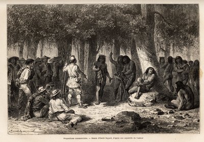 सिरिनिरिस भारतीयों और अभियान के सदस्यों के बीच वाणिज्यिक प्रस्ताव, कार की ऊंचाइयों में स्थित हुतिनिमियो गांव में, बेल और अरास की टहनी पर फंसे पक्षियों के पंखों के लिए चाकू और सुइयों के आदान-प्रदान का संगठन द्वारा अज्ञात कलाकार