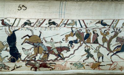 1066 में ड्यूक ऑफ नॉर्मंडी विलियम द कॉन्क्वेरेंट (1027-1087) द्वारा इंग्लैंड की विजय: बेयॉक्स टेपेस्ट्री या क्वीन मैथिल्डे की कढ़ाई की हेस्टिंग्स की लड़ाई का विवरण द्वारा अज्ञात कलाकार