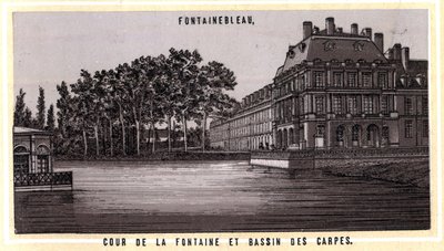 Cour de la Fontaine et Basin des carpes de Fontainebleau (सीन और मार्ने, इले-डी-फ्रांस क्षेत्र, फ्रांस)। 19 वीं शताब्दी के उत्तरार्ध की क्रोमोलिथोग्राफी। द्वारा अज्ञात कलाकार