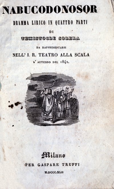 ग्यूसेप वर्डी (1813 - 1901) द्वारा नाबुको के पहले लिब्रेटो का कवर, जिसे पहले नाबुकोडोनोसर नाम दिया गया था द्वारा अज्ञात कलाकार