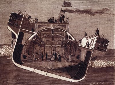 हेनरी बेसेमर (1813-1898) द्वारा समुद्र की बीमारी के खिलाफ डिजाइन की गई नाव का क्रॉस सेक्शन। 19वीं सदी की नक्काशी। द्वारा अज्ञात कलाकार