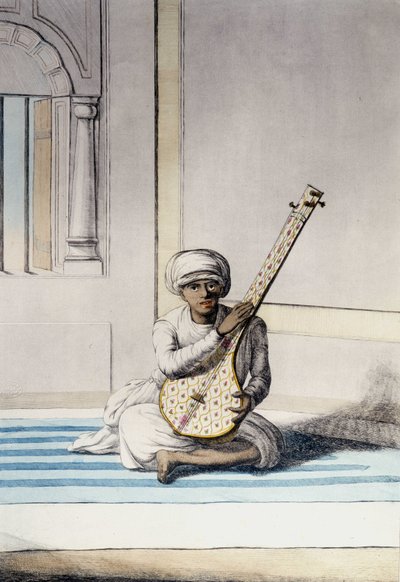 संस्कृति, सभ्यता और भारतीय समाज: थंबोरा (तंबौरा) बजाते संगीतकार, भारत का पारंपरिक वाद्य यंत्र उत्कीर्णन 1808। द्वारा अज्ञात कलाकार
