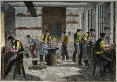 19वीं सदी में फ्रांस में कटलरी कार्यशाला। एडोल्फ बिटार्ड द्वारा 1885 से "लेस आर्ट्स एट मेटियर्स इलस्ट्रेट्स" में उत्कीर्णन। द्वारा अज्ञात कलाकार