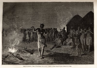 मालिंक्स का नृत्य, पश्चिम अफ्रीका की जनसंख्या और भाषा (गिनी, सेनेगल, माली और कोटे डी आइवर), नर्तक रात के समाधि पर आग के चारों ओर पारंपरिक संगीत की लय में नृत्य करते हैं। लेफ्टिनेंट मैज की कहानी को चित्रित करने के लिए उत्कीर्णन द्वारा अज्ञात कलाकार