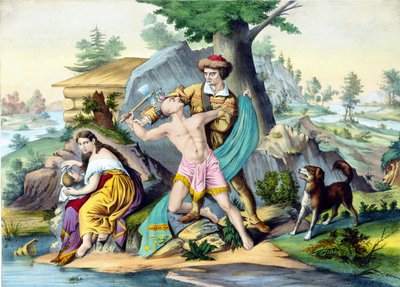 डैनियल बूने अपने परिवार की रक्षा करता है: डैनियल बोने, अमेरिकी अग्रणी (1734 - 1820) एक भारतीय की हत्या करता है जो अपने परिवार पर कुल्हाड़ी से हमला करता है। 19वीं शताब्दी का उत्कीर्णन। द्वारा अज्ञात कलाकार