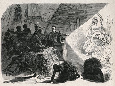 डेविड लिविंगस्टोन (1813-1873) स्कॉटिश मिशनरी और बालोंडा में जादुई लालटेन के साथ खोजकर्ता। द्वारा अज्ञात कलाकार