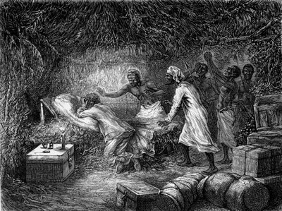 डेविड लिविंगस्टोन की 1873 में त्चिटाम्बो गांव में पेचिश से मृत्यु हो गई - ""लिविंगस्टोन की अंतिम यात्रा 1866-1873"""टूर डू मोंडे"", दूसरे सेम में। १८७५ द्वारा अज्ञात कलाकार