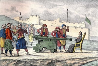 अल्जीयर्स में मौत 1683 में फादर ले वाचेर (जीन लेवाचर) की, ड्यूक्सने द्वारा अल्जीयर्स की बमबारी के दौरान एक फ्रांसीसी मिशनरी। लियोन गैलिबर्ट द्वारा "" L'Algerie ancienne et Moderne" में। 1846 रंग में इतालवी संस्करण। द्वारा अज्ञात कलाकार