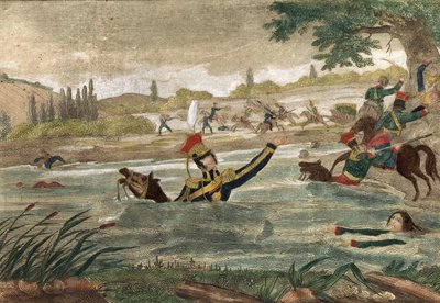 1813 में एल्स्टर के मार्ग पर प्रिंस जोसेफ (जोज़ेफ़) एंटोनी पोनियातोव्स्की (जन्म 1763) की मृत्यु, उस समय की नक्काशी द्वारा अज्ञात कलाकार