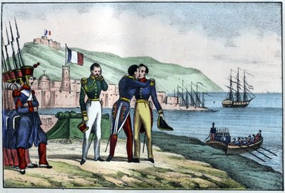 1830 में अल्जीरिया से लुई अगस्टे, काउंट ऑफ बॉर्मोंट (मारेचल डी बॉरमोंट) (1773-1846) का प्रस्थान। लियोन गैलिबर्ट द्वारा "" L'Algerie ancienne et Moderne"" में। 1846 रंग में इतालवी संस्करण। द्वारा अज्ञात कलाकार