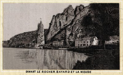 दीनंत, ले रोचर बायर्ड एट ला मीयूज, वालोनिया, बेल्जियम। 19वीं सदी के उत्तरार्ध की क्रोमोलिथोग्राफी। द्वारा अज्ञात कलाकार
