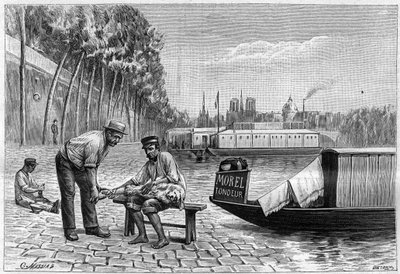 पेरिस में सोलफेरिनो के पुल के पास कुत्ते का काटना - 1892 से "ला नेचर" में उत्कीर्णन। द्वारा अज्ञात कलाकार