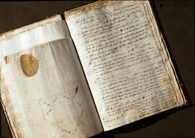 इतालवी खगोलशास्त्री और भौतिक विज्ञानी गैलीलियो गैलीली डिट गैलीली (1564-1642) की पांडुलिपि "" मेडिसिया साइडेरा "" या पियानेटी मेडिसी (प्लैनेट्स मेडिसीन) का दोहरा पृष्ठ, कोसिमो डी मेडिसिस (कोसिमो II डी 'मेडिसी) के लिए लिखा गया है जिसम द्वारा अज्ञात कलाकार