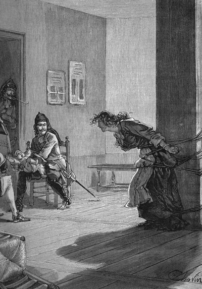 ड्रैगननेड्स (1685-1686) - एक प्रोटेस्टेंट परिवार की यातना: राजा के सैनिक, ड्रेगन, एक बच्चे को पकड़े हुए, जबकि उसकी माँ एक पोल से जुड़ी हुई है। 19वीं सदी की नक्काशी। जूल्स मिशेले द्वारा "हिस्टॉयर डी फ्रांस" में द्वारा अज्ञात कलाकार
