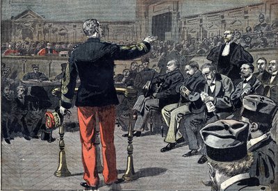 ड्रेफस केस - प्रोसेस ऑफ एमिल ज़ोला - 1898: जनरल ऑगस्टे मर्सिएर (1833-1921) फर्नांड लेबोरी (1860-1917), लेखक एमिल ज़ोला (1840-1902) के वकील के सवालों के जवाब देता है। ट्रिब्यूनल अल्बर्ट डेलेगॉर्ग, मेसर्स के अध्यक्ष भी प्रतिनिधित्व करते हैं द्वारा अज्ञात कलाकार