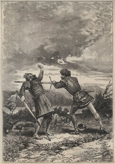 ओक टोरक्विल का द्वंद्व और मृत्यु - वाल्टर स्कॉट (1771-1832) द्वारा ऐतिहासिक उपन्यास "द प्रिटी गर्ल ऑफ पर्थ या वेलेंटाइन डे (सेंट वेलेंटाइन डे; या, द फेयर मेड ऑफ पर्थ) के लिए 19 वीं शताब्दी का चित्रण। द्वारा अज्ञात कलाकार