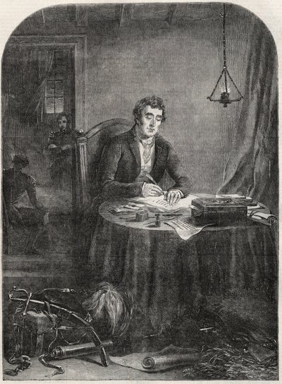 ड्यूक ऑफ वेलिंगटन (आर्थर वेलेस्ली (1769-1852) ड्यूक ऑफ वेलिंगटन) वाटरलू के बाद लेखन प्रेषण, 19 जून 1815 - उत्कीर्णन 1852 द्वारा अज्ञात कलाकार