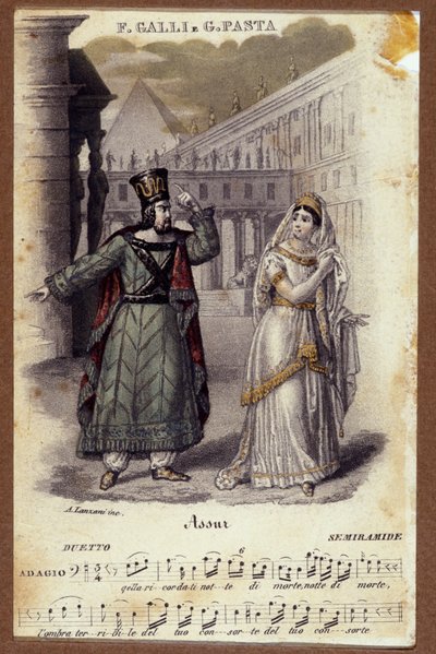 गियोआचिनो रॉसिनी (1792-1868) द्वारा ओपेरा "सेमिरामाइड" "(सेमीरामिस) में गिउडिट्टा पास्ता और फिलिपो गैली के बीच की जोड़ी द्वारा अज्ञात कलाकार
