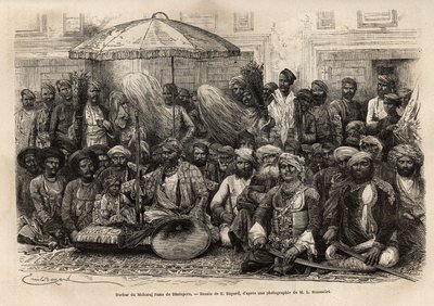 धोलेपुर (राजस्थान) राज्य के महाराजा राणा का दरबार (एक रियासत की सामंती और कानूनी परिषद)। १८६४-१८६८ में लुई रूसेलेट द्वारा एनग्रेवर प्योर इलस्ट्रेटर एल'इंडे डेस राजाह्स, एडौर्ड चार द्वारा संपादित "ले टूर डू मोंडे""" 1872 में प्रकाशित द्वारा अज्ञात कलाकार
