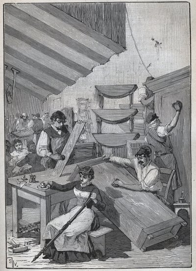 एबेनिस्टरी: स्टैम्प वार्निशिंग वर्कशॉप। एडोल्फ बिटार्ड द्वारा 1885 से "लेस आर्ट्स एट मेटियर्स इलस्ट्रेस" में उत्कीर्णन। द्वारा अज्ञात कलाकार