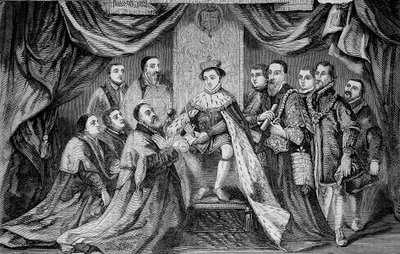 एडवर्ड VI (1547 -1553), इंग्लैंड के राजा, हंस होल्बिन के अनुसार, ब्राइडवेल को एक चार्टर पर हस्ताक्षर करके एक विशेषाधिकार प्रदान करते हुए। द्वारा अज्ञात कलाकार