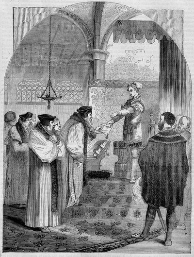 एडवर्ड VI (1547 -1553), इंग्लैंड के राजा, आर्कबिशप क्रैनमर के लिए जोन बोचर का प्रमाण पत्र प्रस्तुत करते हुए द्वारा अज्ञात कलाकार